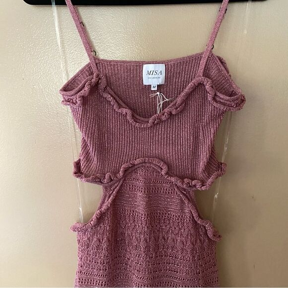 Misa Los Angeles Skye Dress Rose Knit metallic crochet cut out Revolve New - Picture 11 of 15